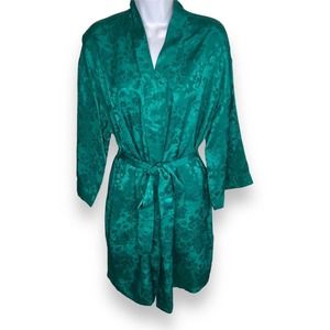 VTG Cachet Size Small Floral Silky Robe Emerald Green Pockets Belt 80s Kimono